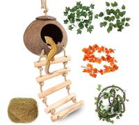 HERCOCCI Gecko Tank Accessories, Coconut Shell Ladder Hideout Hole Reptile Climbing Vine Habitat Decor with 3 Pieces Colorful Plastic Plants for Chameleon Lizard Snake Hermit Crab Leopard Gecko