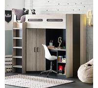 Hercules - Single - Kids High Sleeper - Desk - Wardrobe and Storage - Oak and Dark Grey - Wooden - 3ft - Happy Beds