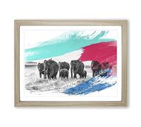 Herd of Elephants No.1 V2 Modern Framed Wall Art Print, Ready to Hang Picture for Living Room Bedroom Home Office Décor, Oak A4 (34 x 25 cm)