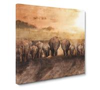 Herd of Elephants on a Dusty Road Canvas Print | Gallery Wrapped 30mm Frame Wall Art | 14x14 inches | Ready to Hang | Modern Animal Picture | Living Room Bedroom Lounge Office