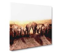 Herd of Elephants on a Dusty Road Canvas Print | Gallery Wrapped 30mm Frame Wall Art | 14x14 inches | Ready to Hang | Modern Animal Picture | Living Room Bedroom Lounge Office