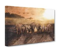 Herd Of Elephants On A Dusty Road Canvas Print | Gallery Wrapped 30mm Frame Wall Art | 30x20 inches | Ready to Hang | Modern Animal Picture | Living Room Bedroom Lounge Office
