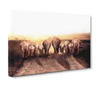 Herd of Elephants on a Dusty Road Canvas Print | Gallery Wrapped 30mm Frame Wall Art | 30x20 inches | Ready to Hang | Modern Animal Picture | Living Room Bedroom Lounge Office