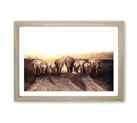 Herd of Elephants on a Dusty Road in Abstract Framed Print | A2 Oak Framed Wall Art | Ready to Hang | Abstract Animal Picture | Living Room Bedroom Lounge Office