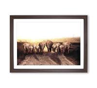 Herd of Elephants on a Dusty Road in Abstract Framed Print | A2 Walnut Framed Wall Art | Ready to Hang | Abstract Animal Picture | Living Room Bedroom Lounge Office