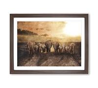 Herd Of Elephants On A Dusty Road Painting Modern Art Framed Print | A2 Walnut Framed Wall Art | Ready to Hang | Modern Animal Picture | Living Room Bedroom Lounge Office