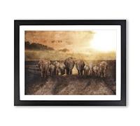 Herd Of Elephants On A Dusty Road Painting Modern Art Framed Print | A3 Black Framed Wall Art | Ready to Hang | Modern Animal Picture | Living Room Bedroom Lounge Office