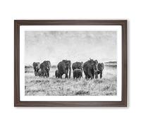 Herd Of Elephants Roaming Painting Modern Art Framed Print | A4 Walnut Framed Wall Art | Ready to Hang | Modern Animal Picture | Living Room Bedroom Lounge Office