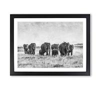 Herd Of Elephants Roaming Painting Modern Art Framed Wall Art Print, Ready to Hang Picture for Living Room Bedroom Home Office Décor, Black A4 (34 x 25 cm)