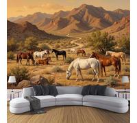 Herd of Horses Fields Printed Wallpaper, Premium Non-Woven Realistic Animals Wall Mural, Brown Photo Wallpaper, for Living Room Bedroom Home Office Wall Decoration - 350 x 256 cm