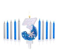 Herdear 2.8" Frozen Birthday Candles Snowflake Number Candles with 10 Pcs Long Thin Candles Blue Number 0-9 for Cake Topper Birthday Frozen Birthday Supplies(Number 3)