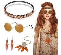 Herdear 4 Pcs Hippie Costume Women Accessories 60s 70s Fancy Dress Set Include Round Vintage Hippie Glasses Bohemia Crystal Headband Long Feather Necklace Boho Earrings for Girl Lady Cosplay (Retro)