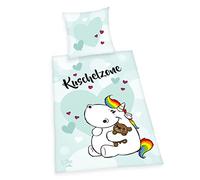 Herding Chubby Unicorn Bedding Set "Kuschelzone", Pillowcase 70 x 90 cm, Duvet Cover 140 x 200 cm, with smooth-running zip, 100% Cotton/Renforcé, White/Blue