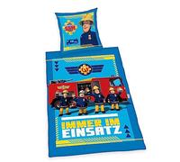 Herding Fireman Sam Bed Linen Set, Pillowcase 80 x 80 cm with Buttons and Reversible Motif, Duvet Cover 135 x 200 cm, with Button Closure, 100% Cotton/Linen