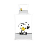 Herding Peanuts Snoopy Bed Linen, Pillowcase 80 x 80 cm with Reversible Motif, Duvet Cover 135 x 200 cm, with Zip, 100% Cotton/Renforcé, White/Grey