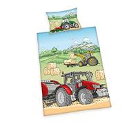 Herding Tractor Bedding Set, MADE IN GREEN by OEKO TEX, Pillowcase approx. 40 x 60 cm, Duvet Cover approx. 135 x 100 cm, With Button Closure, 100% Cotton/Flannel, White/Beige