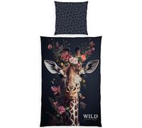 Herding Wild Flowers Giraffe Bed Linen, Pillowcase Approx. 80 x 80 cm, Duvet Cover Approx. 135 x 200 cm, with Zip, 100% Cotton
