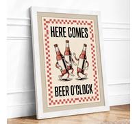 Here Comes Beer O'Clock Retro Framed Wall Art Print A2 (59.4×42cm) White,