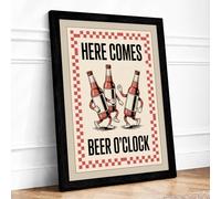 Here Comes Beer O'Clock Retro Framed Wall Art Print A4 (29.7×21cm) Black,