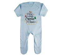 Here Comes Santa Claus Style one Baby Romper Jumpsuit with feet, 0-3 Months, Pastel Blue