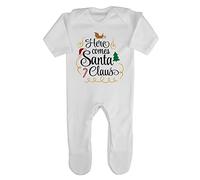 Here Comes Santa Claus Style one Baby Romper Jumpsuit with feet, 6-12 Months, White