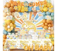 Here Comes The Son Baby Shower Decor - Boho Sun Baby Shower Party Tableware with Balloon Arch,Cake Topper,Banner Decorations for Boys Retro Boho Sun,You are My Sunshine Party Supplies