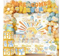 Here Comes the Son Baby Shower Decor for Boy, All-in-1 Boho Retro Sunshine Baby Shower Decorations with Balloon Arch Baby Boxes Rainbow Plates Napkins Cake Topper Tablecloth Backdrop It’s A Boy Decor