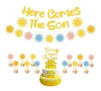 Here Comes The Son Baby Shower Decorations, include Here Comes The Son Banner, Gold Glitter Sunshine Banner, Cake Toppers, Boho Balloons for Retro Hippie Baby Shower, Boys 1st Birthday Party Supplies