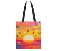 Here Comes The Sun Colorblock Sunset Handbag Lightweight All-Over Print Tote Bag, Reusable Foldable Shopping Bag, Portable Washable Handbag for Daily Travel Grocery Beach