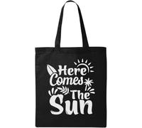 Here Comes The Sun Minimalist Sun Palm Trees And Surfing Graphic Natural Ecological Cotton Tote Bag Black