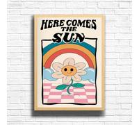 Here Comes The Sun, Retro Funky Quote Print Wall Art Gift, A4 and A3 Size Frame Options Available, Home, Pub, Café, Bar Decoration Wall Art Print, Funny Cute Pictures (A4 Framed (Oak))