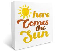 Here Comes The Sun Wooden Box Sign Summer Desk Decor,Rustic Sunshine Wood Block Sign Desk Decorations for Summer Home Living Room Office Garden Beach House Shelf Table Decor 5x5 Inch