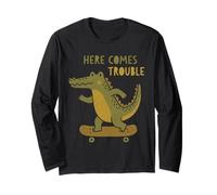Here Comes Trouble Crocodile Skateboard Funny Skateboarding Long Sleeve T-Shirt
