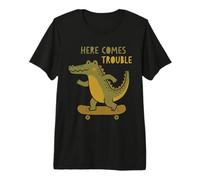 Here Comes Trouble Crocodile Skateboard Funny Skateboarding Premium T-Shirt