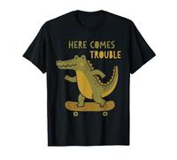 Here Comes Trouble Crocodile Skateboard Funny Skateboarding T-Shirt
