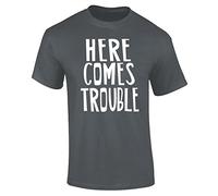 Here Comes Trouble Funny Slogan Mens T-Shirt Charcoal Grey (S)