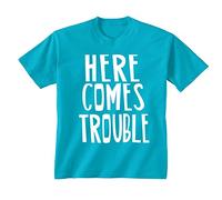 Here Comes Trouble Funny Slogan Youth Kids Childrens T-Shirt Sapphire Blue 5-6 Years (S)