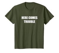 Here Comes Trouble T-Shirt, Youth, Olive Green, Medium