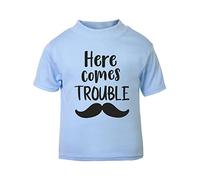 Here Comes Trouble (with Mustache) [BBY6] Short Sleeve Cotton Toddler t Shirt, 3-4 Years, Pastel Blue