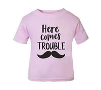 Here Comes Trouble (with Mustache) [BBY6] Short Sleeve Cotton Toddler t Shirt, 3-4 Years, Pastel Pink
