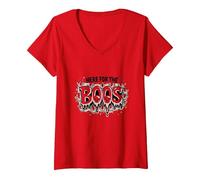 Here for The Boos: Spooky Ghosts Halloween Party Fun V-Neck T-Shirt, Women, Red, XXL