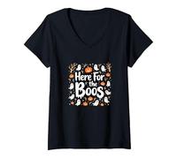 Here for The Boos: Spooky Halloween Party Fun V-Neck T-Shirt, Women, Black, S