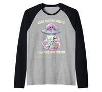 HERE for THE Sheeps Humans are Weird Sheep Lover UFO Raglan Baseball Tee