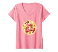 Here for The Snacks Retro Foodie Party Lover V-Neck T-Shirt, Women, Pink, S