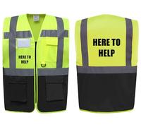 Here To Help Two Tone Zipped Hi Vis Vest High Visibility Safety Waistcoat Pockets Reflective Bands Event Staff, Event Support, 13 Colour Options Brook Hi Vis (Yellow/Black, Medium)