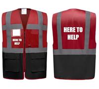 Here To Help Two Tone Zipped Hi Vis Vest High Visibility Safety Waistcoat Pockets Reflective Bands Event Staff, Event Support, 13 Colour Options Brook Hi Vis (Red/Black, Large)