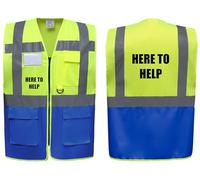 Here To Help Two Tone Zipped Hi Vis Vest High Visibility Safety Waistcoat Pockets Reflective Bands Event Staff, Event Support, 13 Colour Options Brook Hi Vis (Yellow/Blue, XLarge)