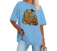 Heres Lies My Mental Stability Shirt Halloween Pumpkins Skull Graphic Short Sleeve T-Shirts Carolina Blue