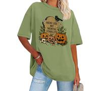 Heres Lies My Mental Stability Shirt Halloween Pumpkins Skull Graphic Short Sleeve T-Shirts Green
