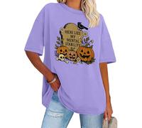 Heres Lies My Mental Stability Shirt Halloween Pumpkins Skull Graphic Short Sleeve T-Shirts Light Purple